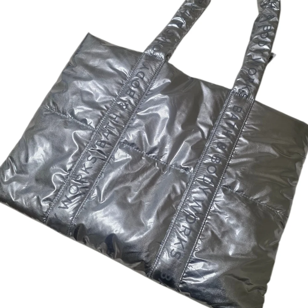 Bath & Body Works Metallic Silver Quilted Tote with Padded Texture